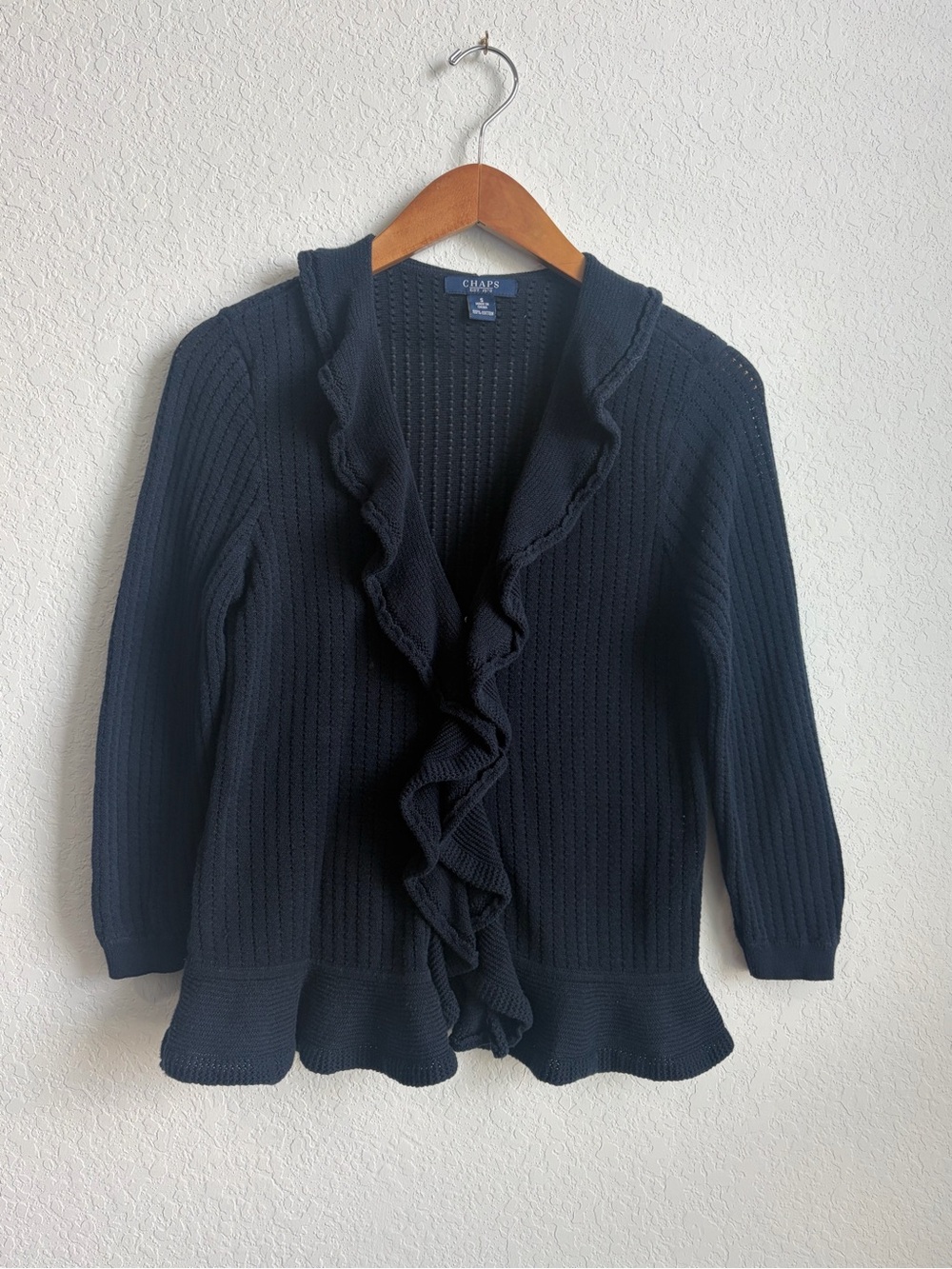 Chaps Navy Ruffle-Front Knit Cardigan